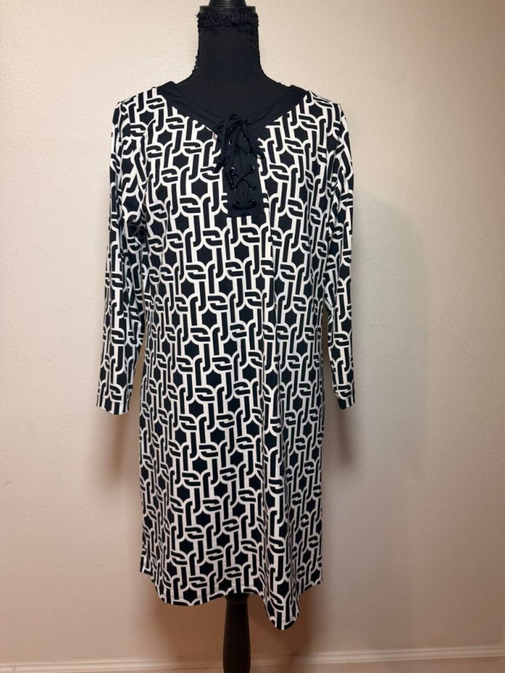 Lands' End Black White Chain Link Print Lace-Up Shift Dress Preppy Chic Style